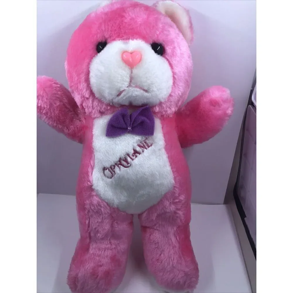 Vintage Pink white plush teddy bear Amusement Opryland Logo